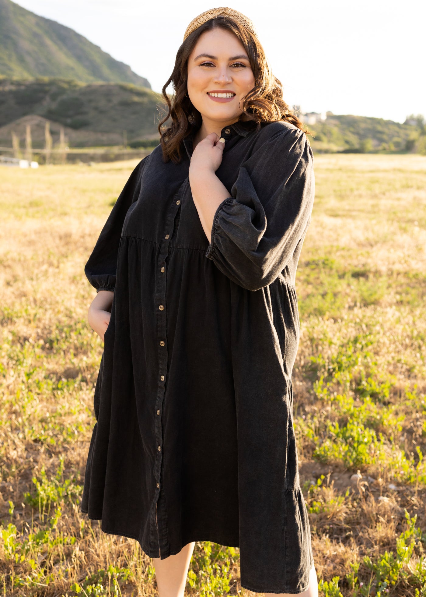 Button up plus size black dress