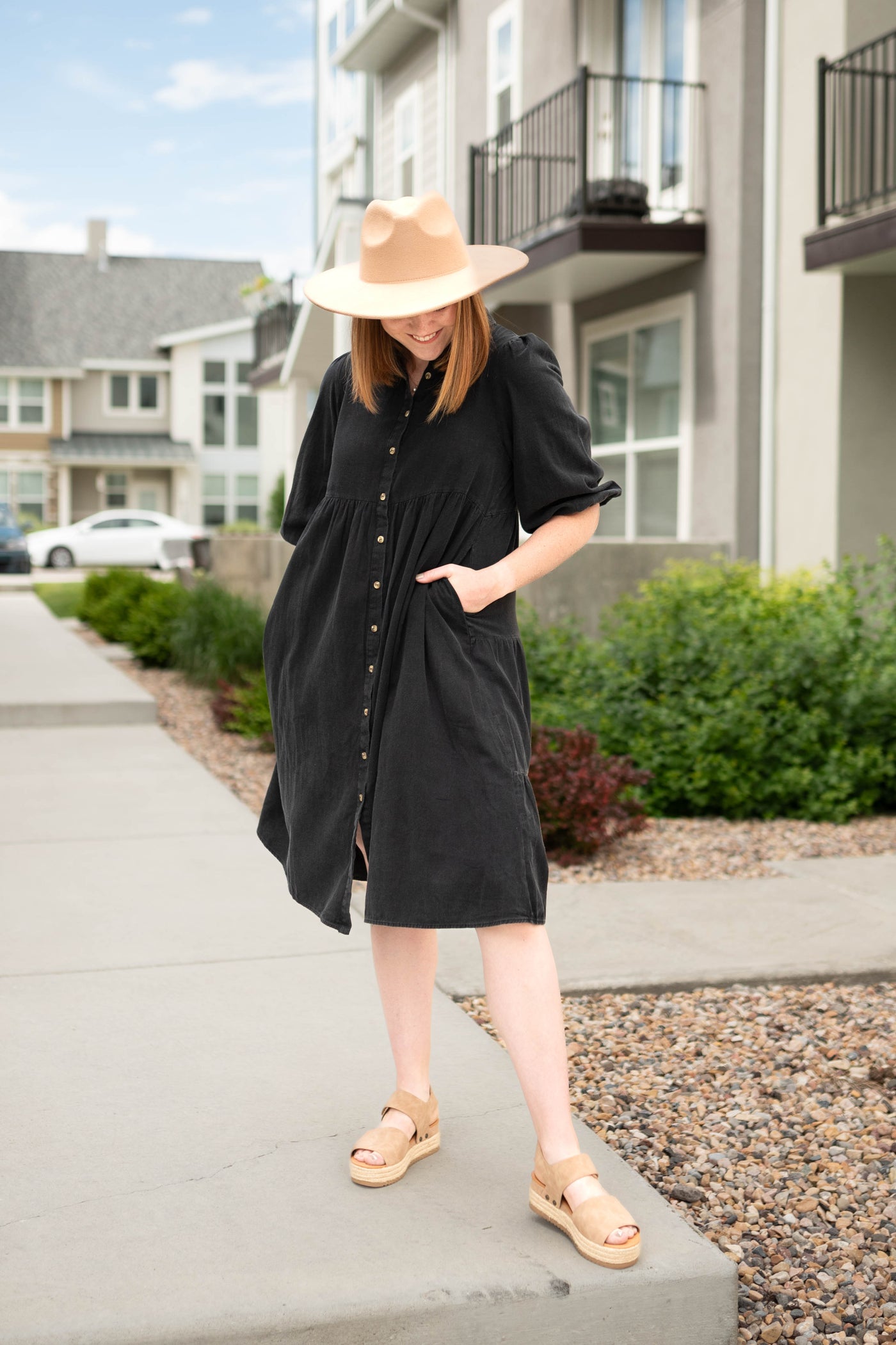 Button up black dress with pockets