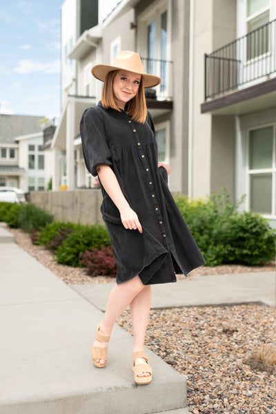 Button up short sleeve black dress