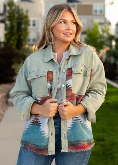 Olive denim jacket with Aztec print