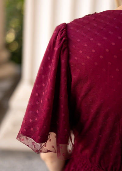 Burgundy dress with drop sleeve