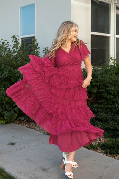Magenta dress with a v-neck and short sleeves