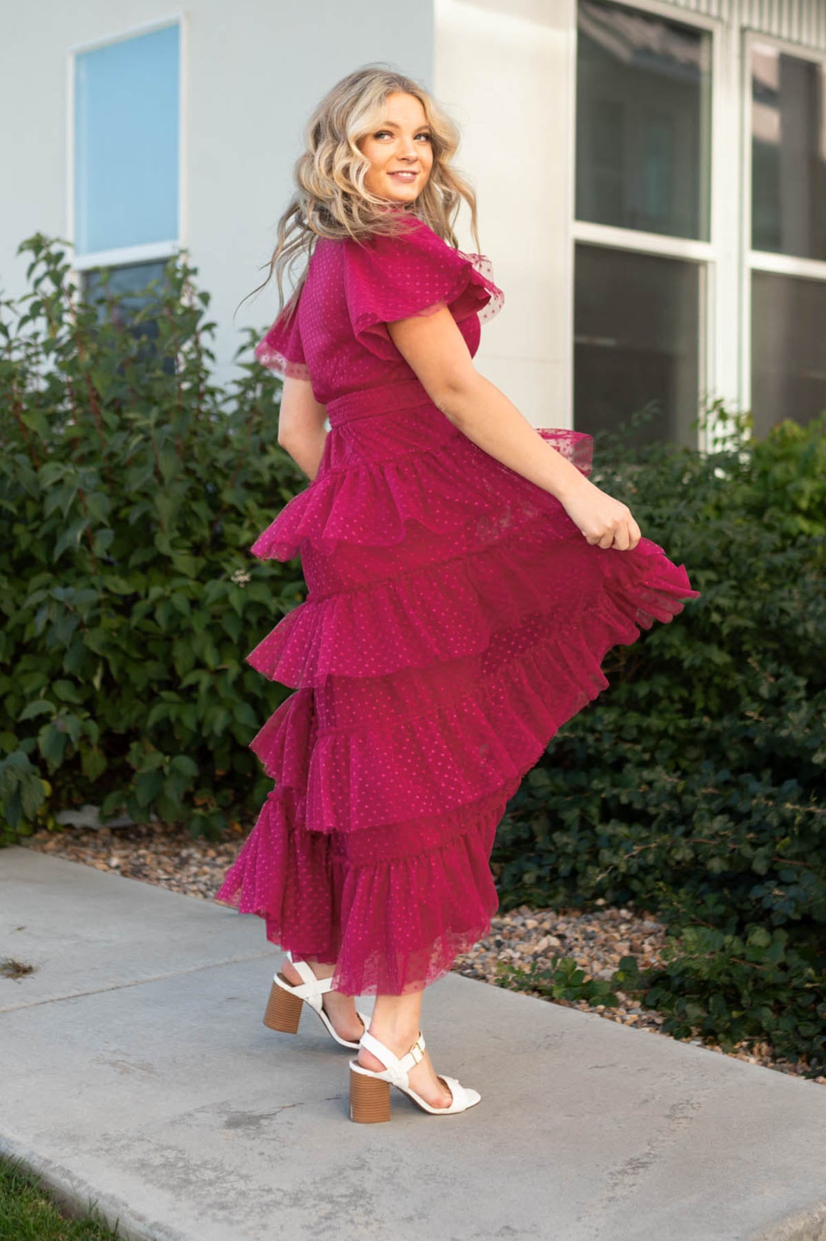 Short sleeve magenta dress with a ruffle tulle skirt
