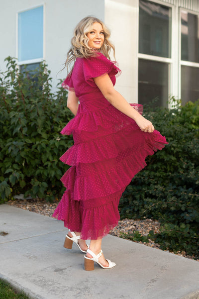 Short sleeve magenta dress with a ruffle tulle skirt