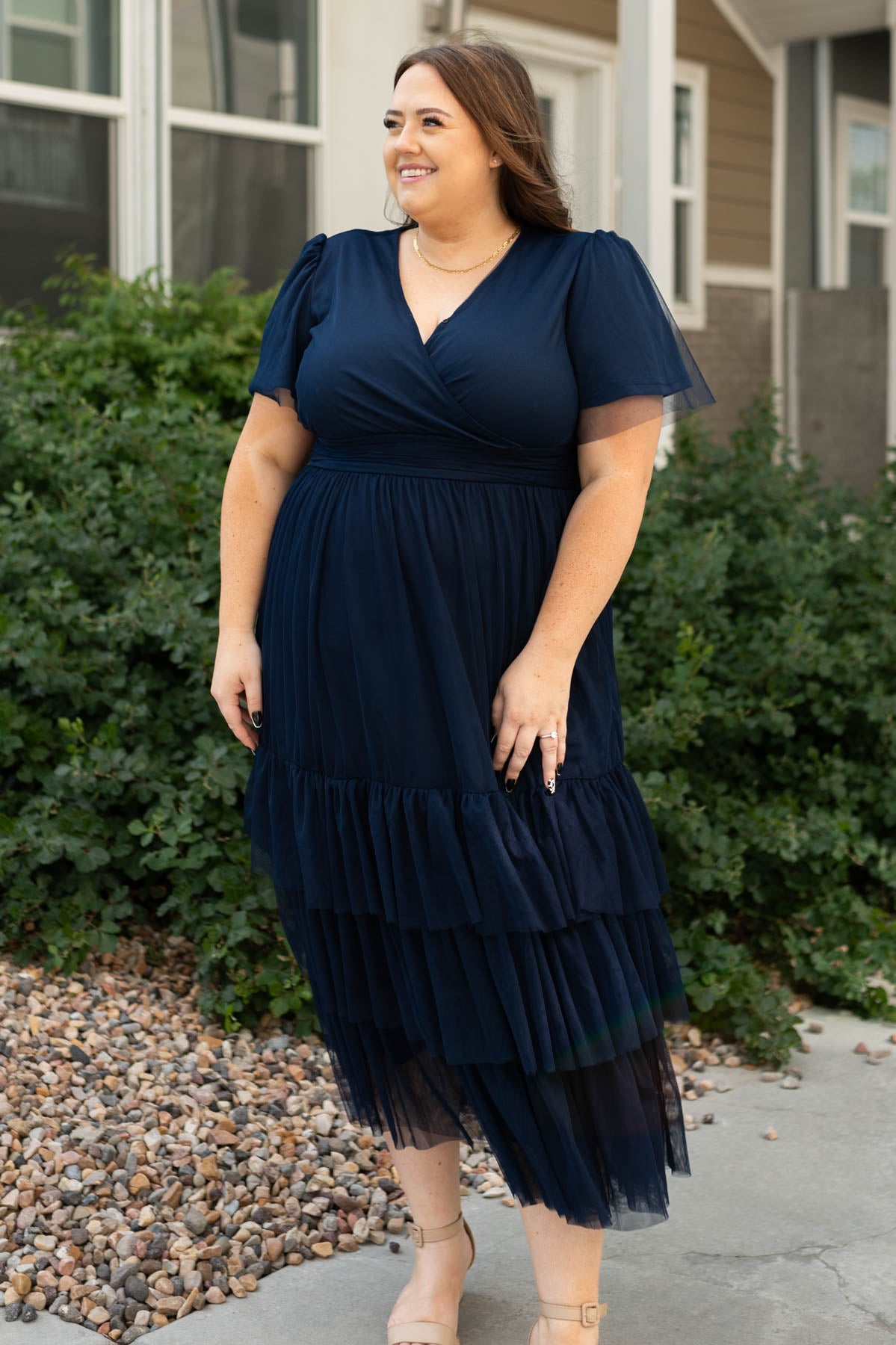 Short sleeve plus size navy tiered dress with v neck