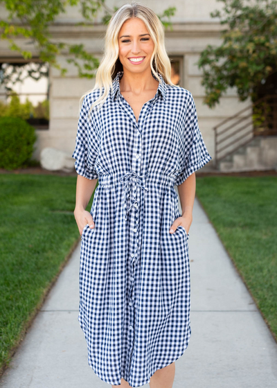 Navy plaid dress with pockets and a tie waist