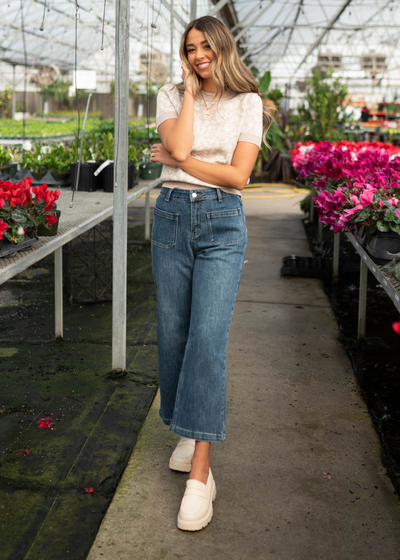Denim straight leg pants with front pockets