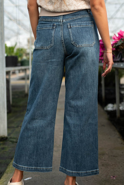 Back view of the denim straight leg pants
