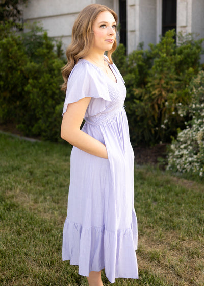 Side view of a lavender dress