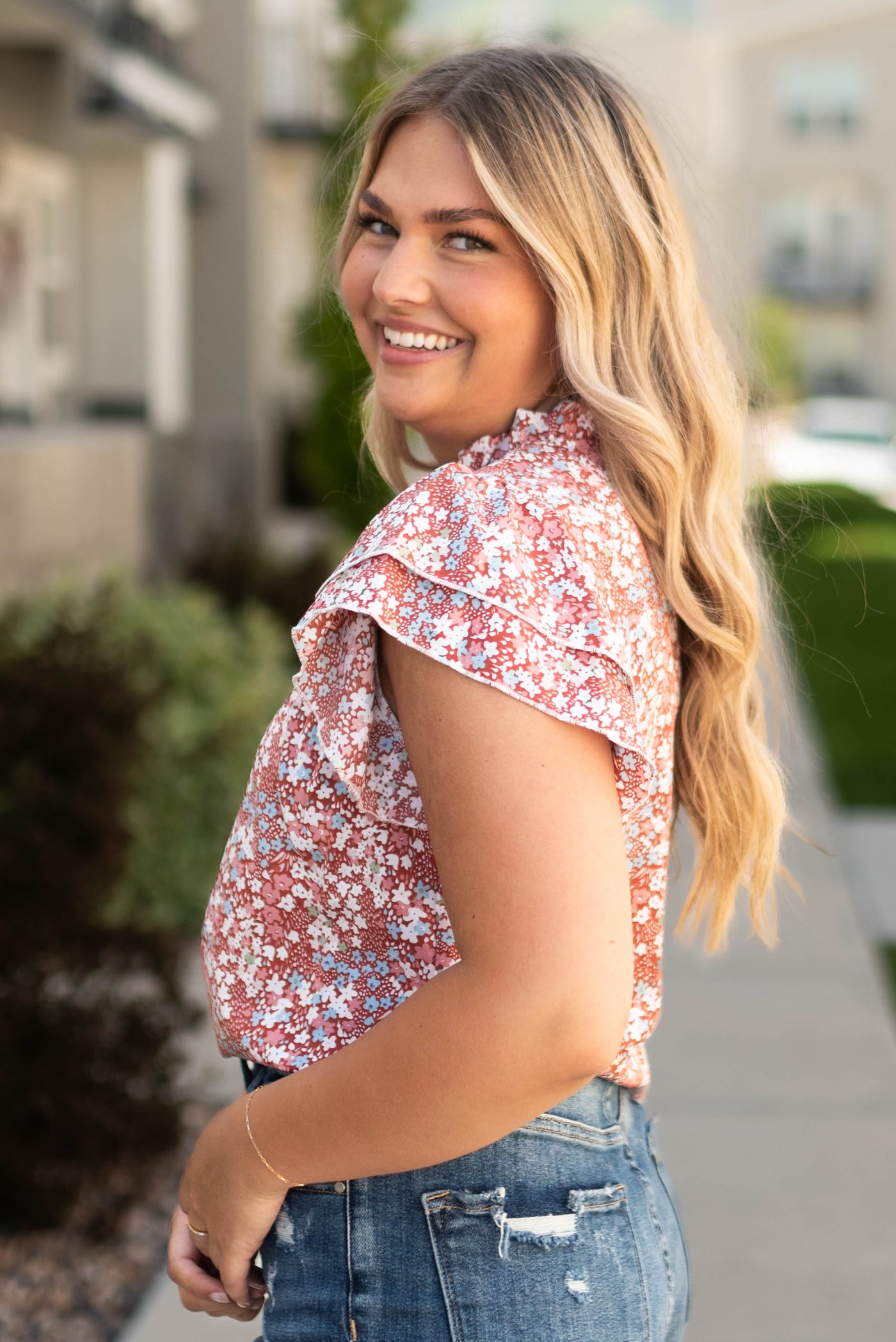 Side view of a brick floral top