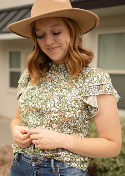Ruffle sleeve green floral top
