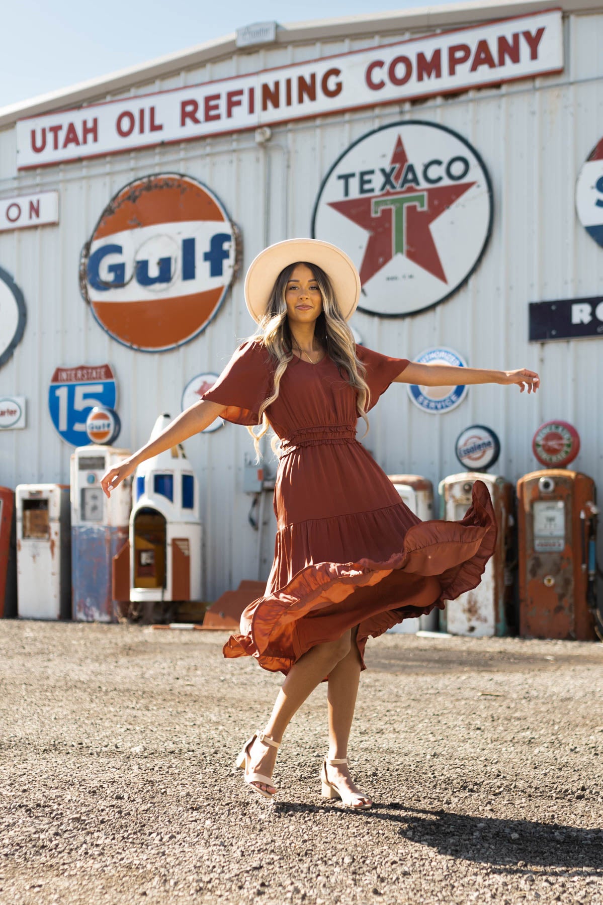 Satin brick colored dress with ruffle at waist