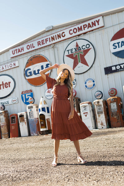 Short sleeve satin brick colored dress