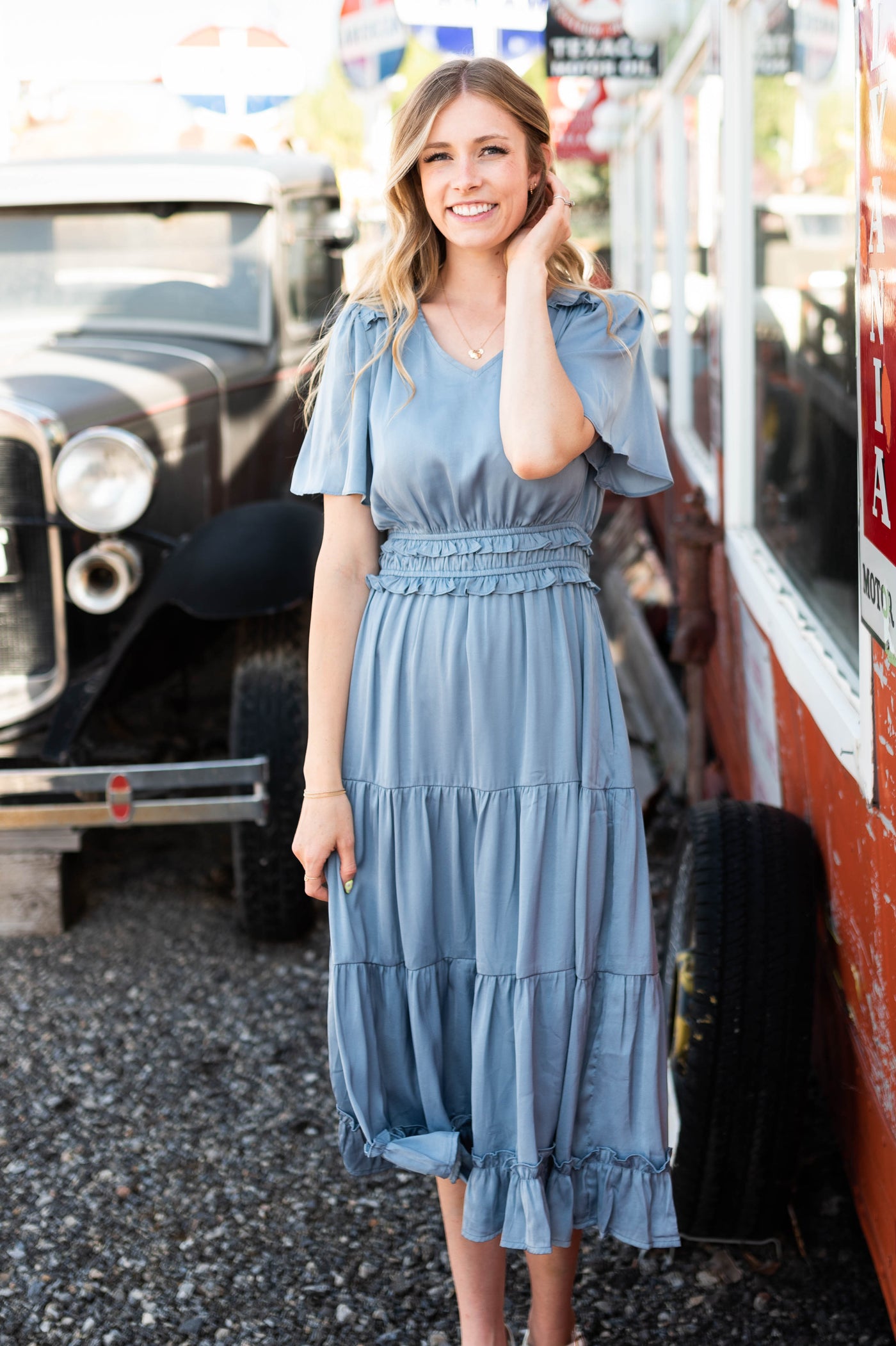 Short sleeve dusty blue dress with v-neck