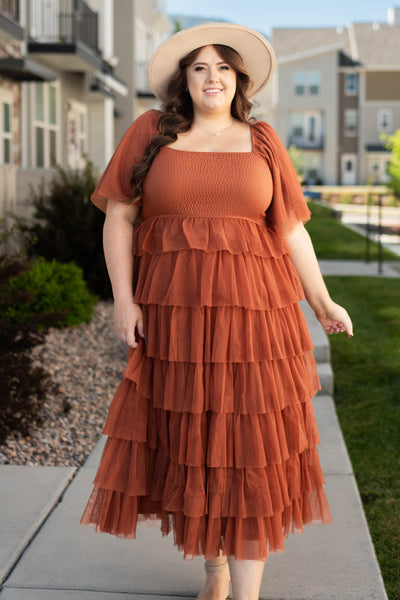Plus size square neck rust dress with ruffle skirt