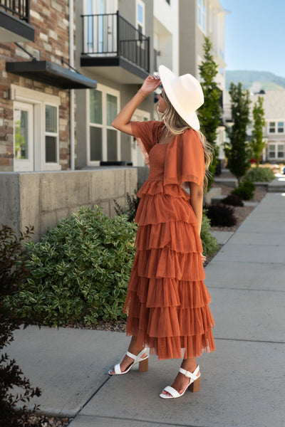 Rust dress with short bell sleeves