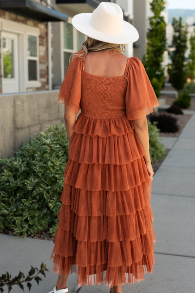 Back view of a rust dress
