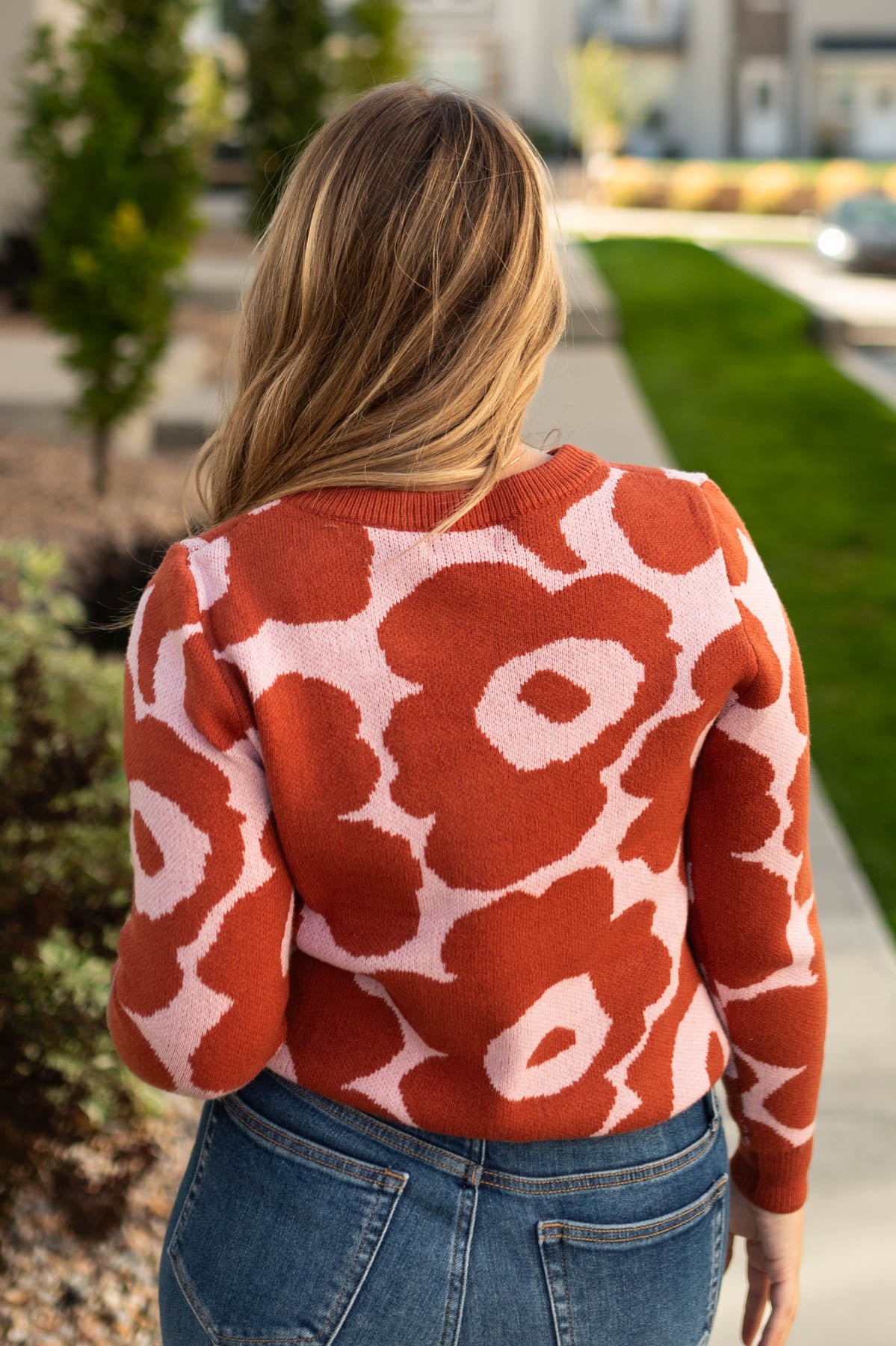 Back view of a rust sweater