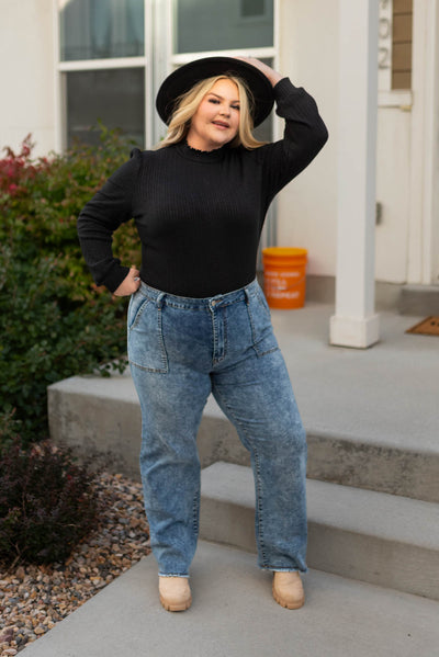 Long sleeve plus size black top with mock turtleneck