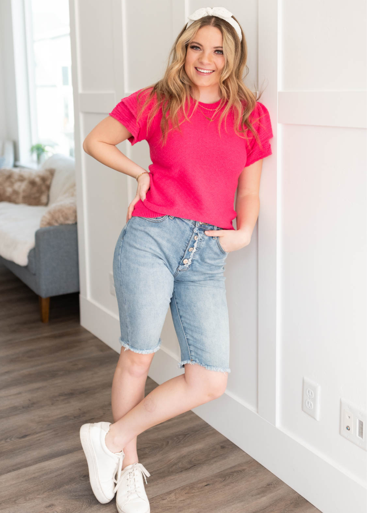 Short sleeve fuchsia sweater top