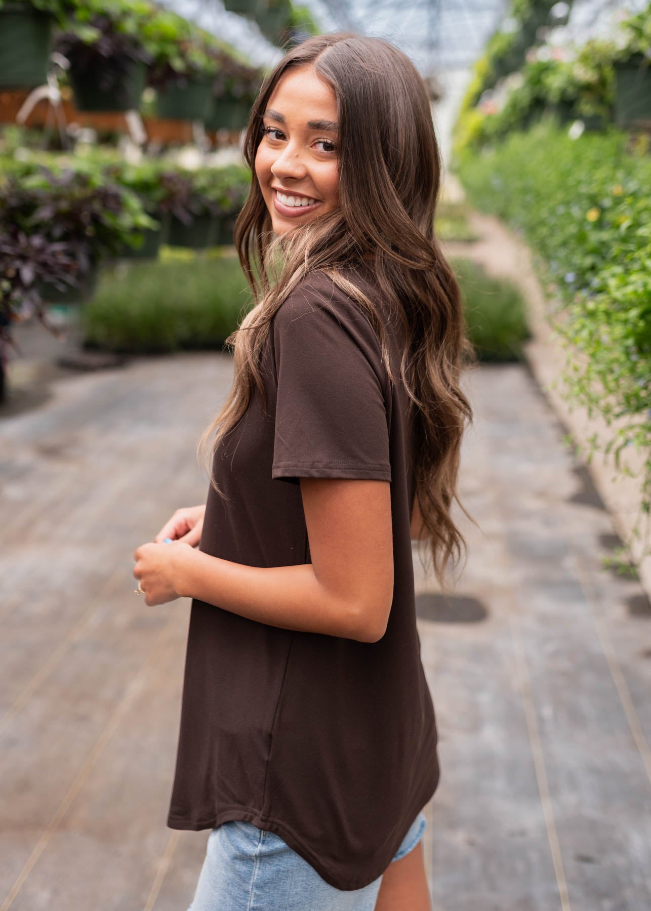 Side view of the classic bown v-neck top