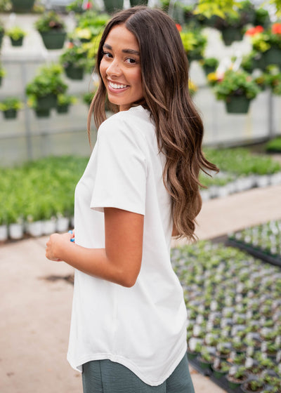 Side view of the classic white v-neck top
