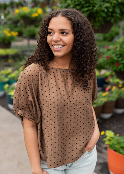 Drop sleeve chocolate polka dot top