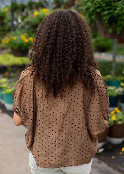 Back view of the chocolate polka dot top