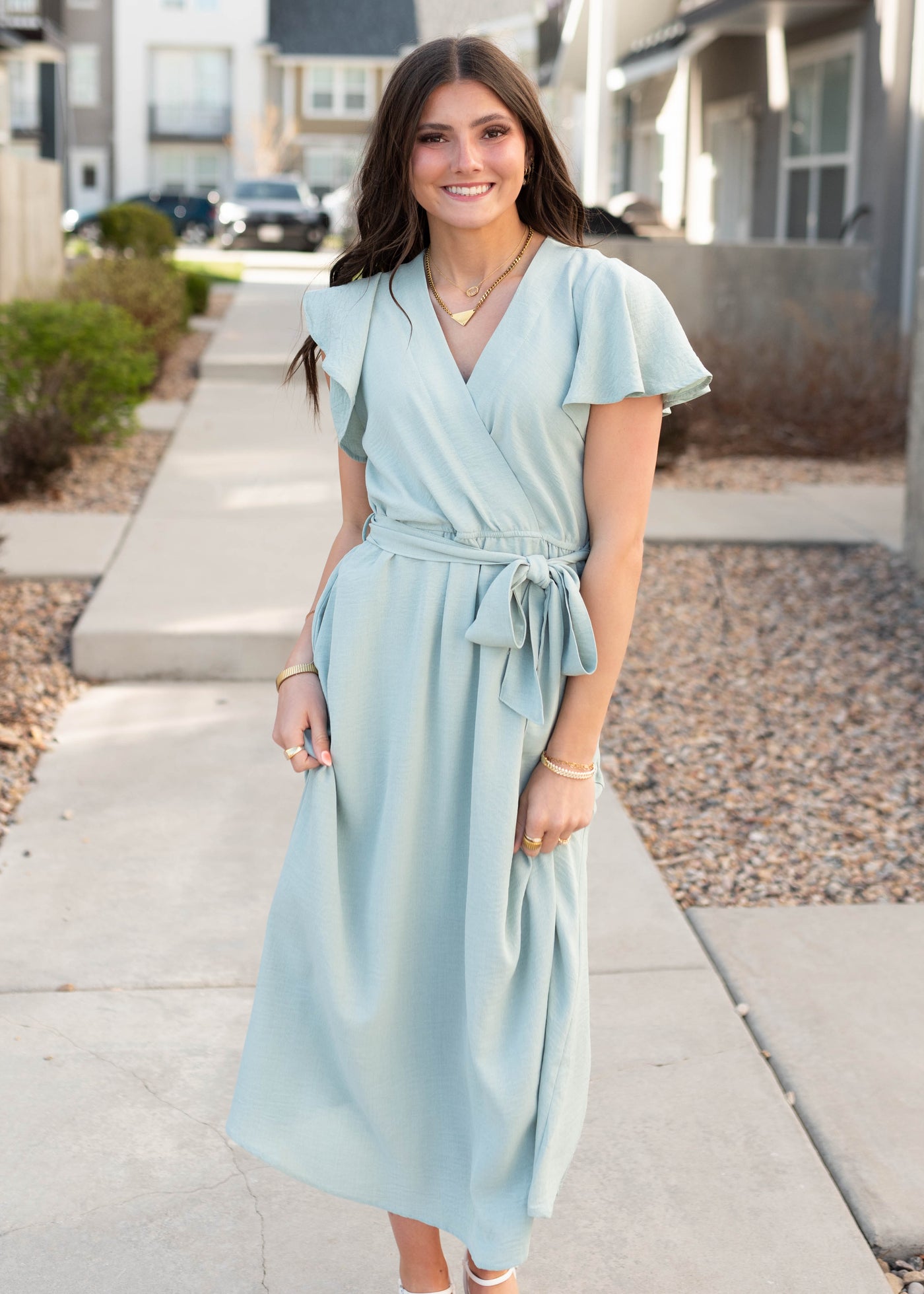 Short sleeve sage formal dress