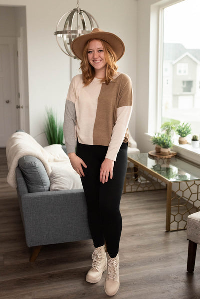 Taupe block sweater with grey sleeves