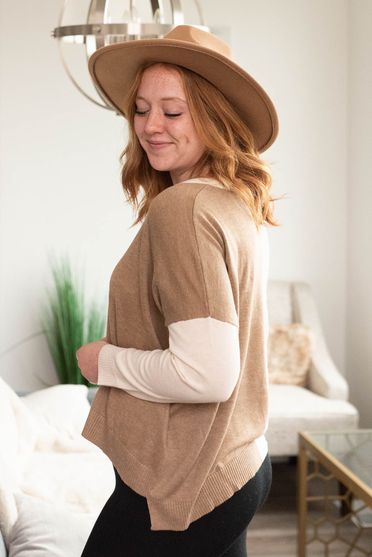 Taupe block sweater with a ivory sleeve