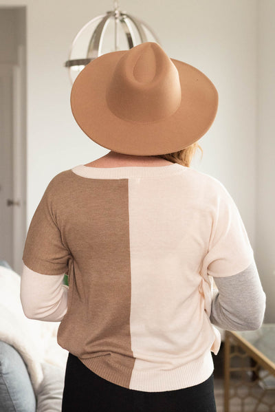 Back view of the taupe block sweater