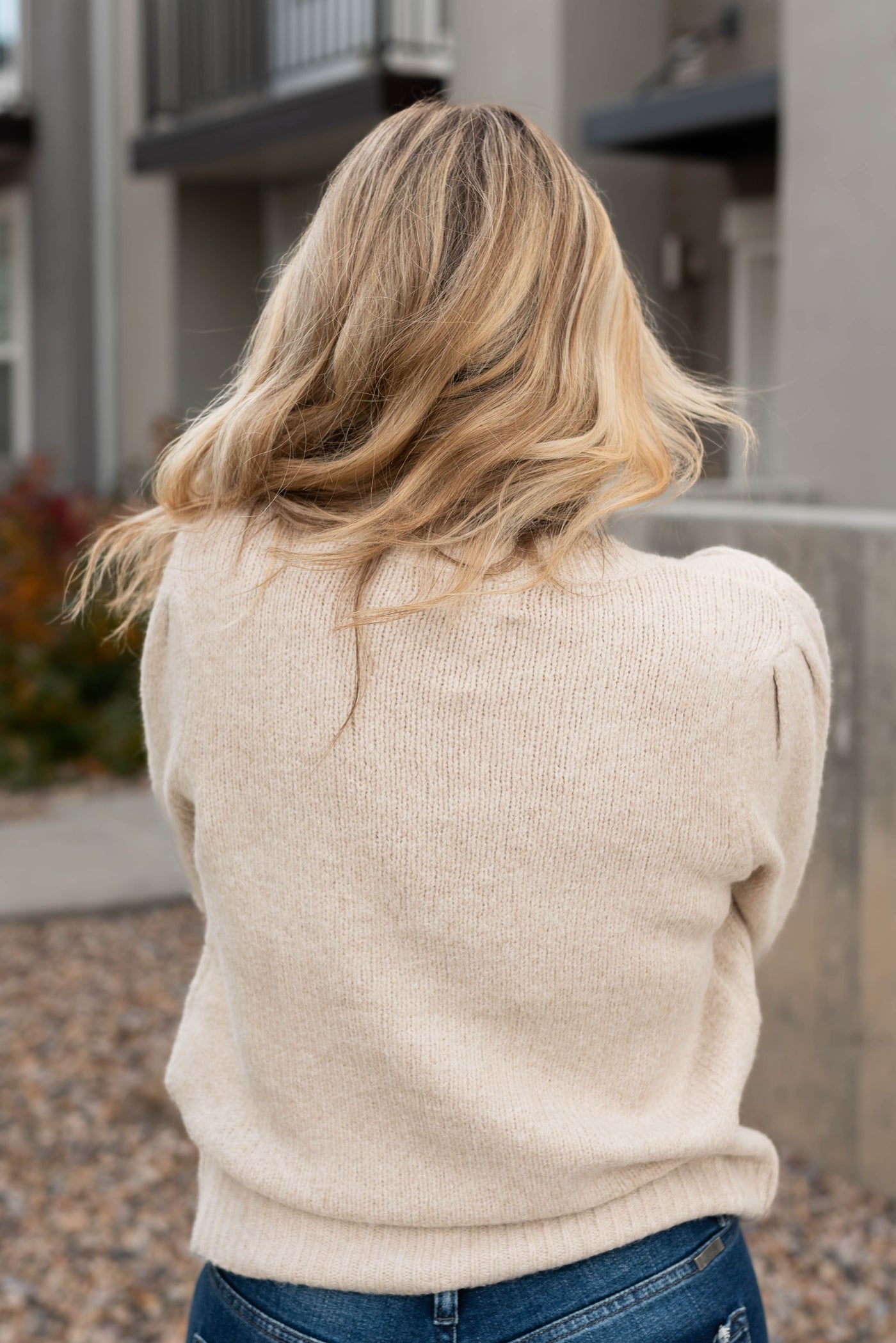Back view of the taupe sweater