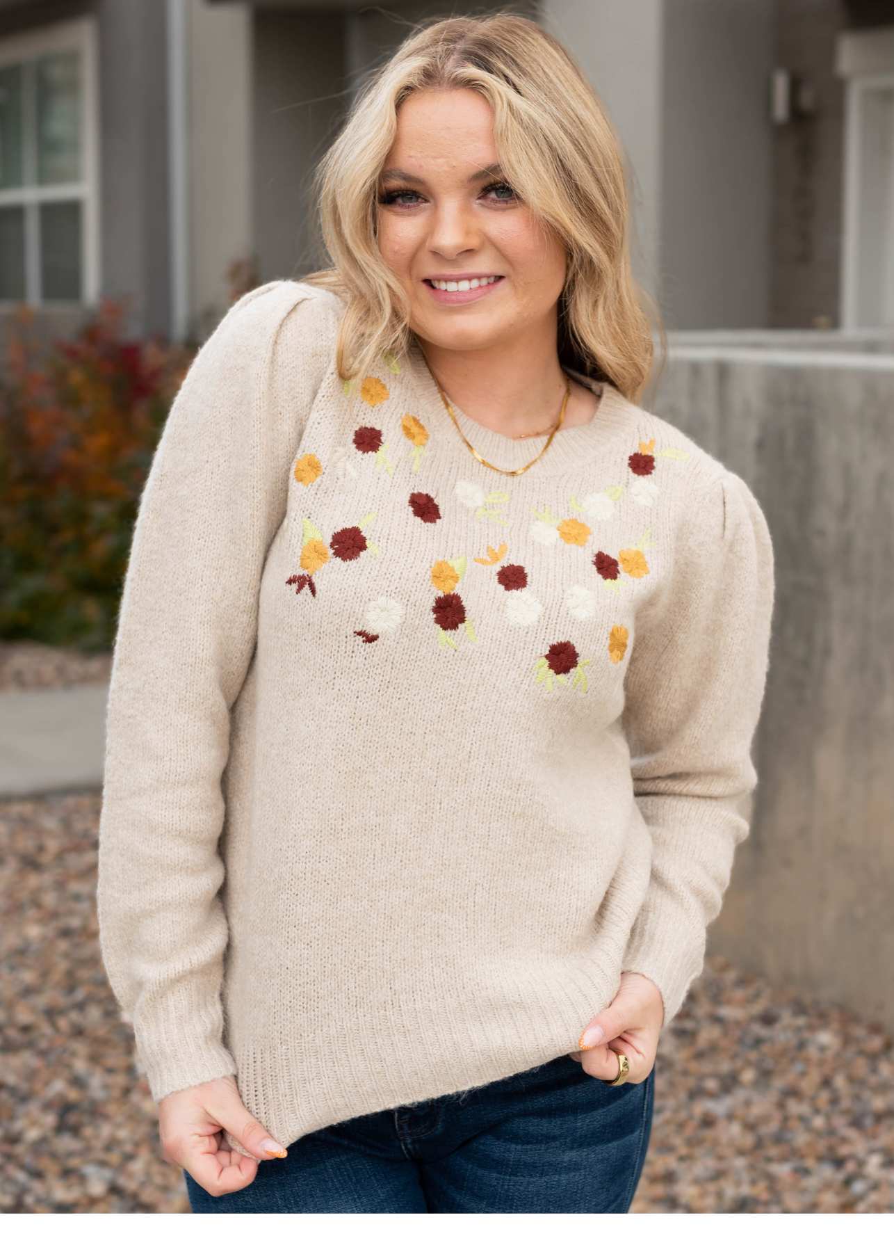Mustard, ivory and burgundy flowers on a long sleeve taupe sweater