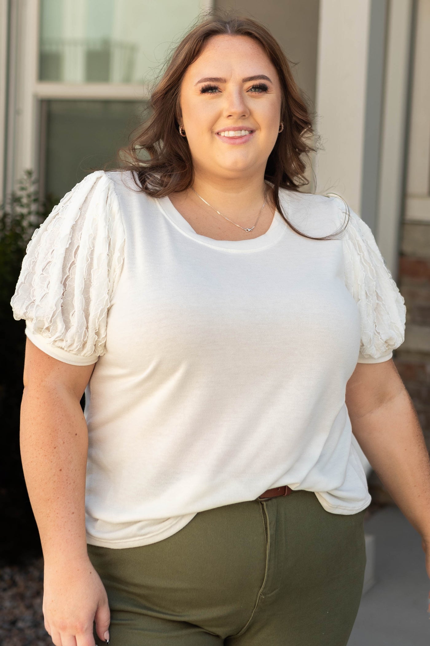 Plus size short sleeve white top with round neck