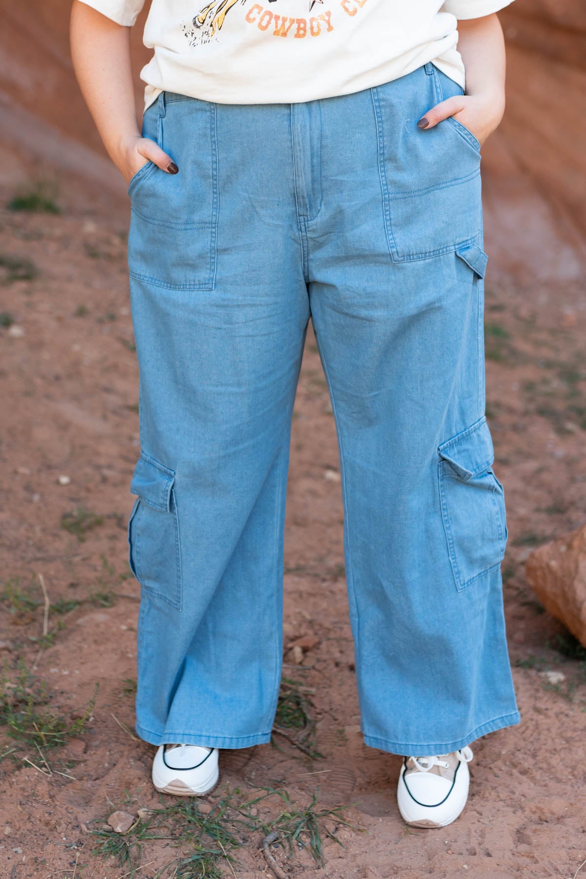 Front view of plus size denim pants
