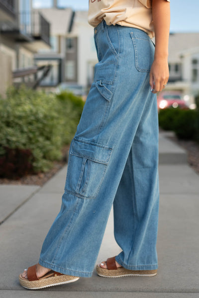 Side view of denim blue pants