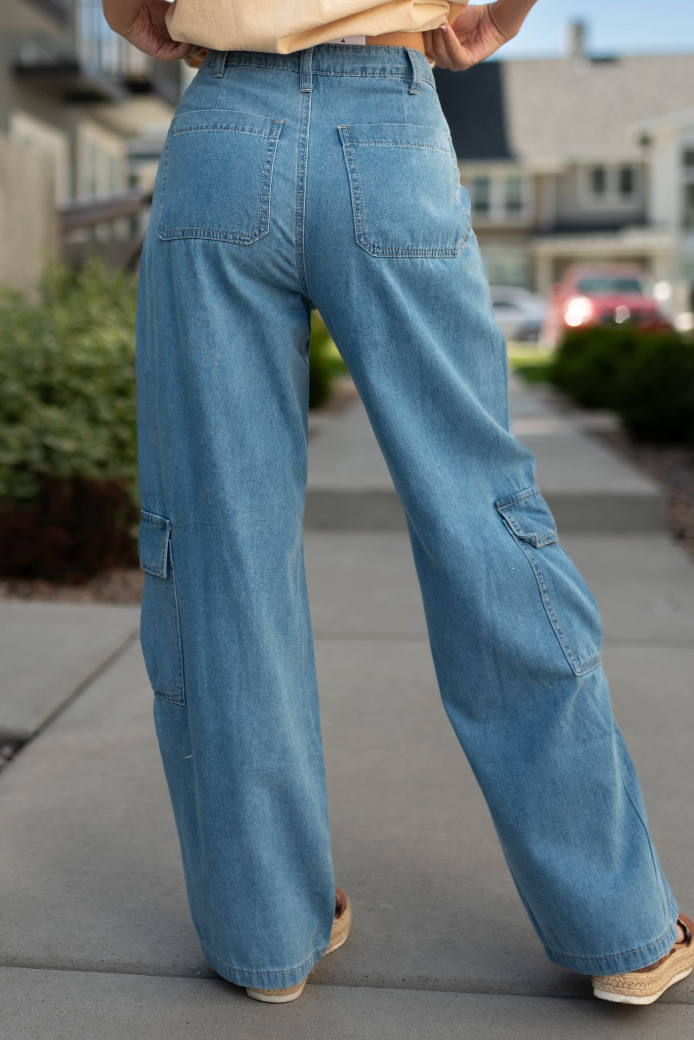 Back view of denim blue pants