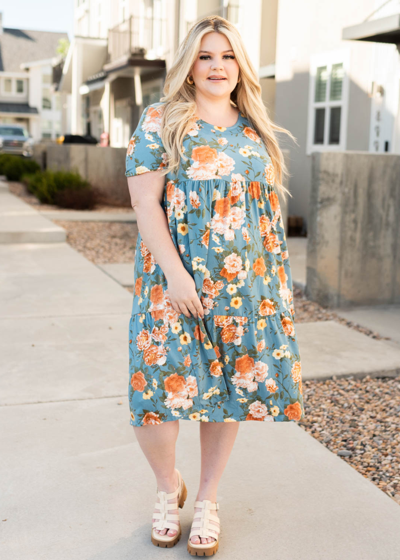 Short sleeve plus size denim tiered dress