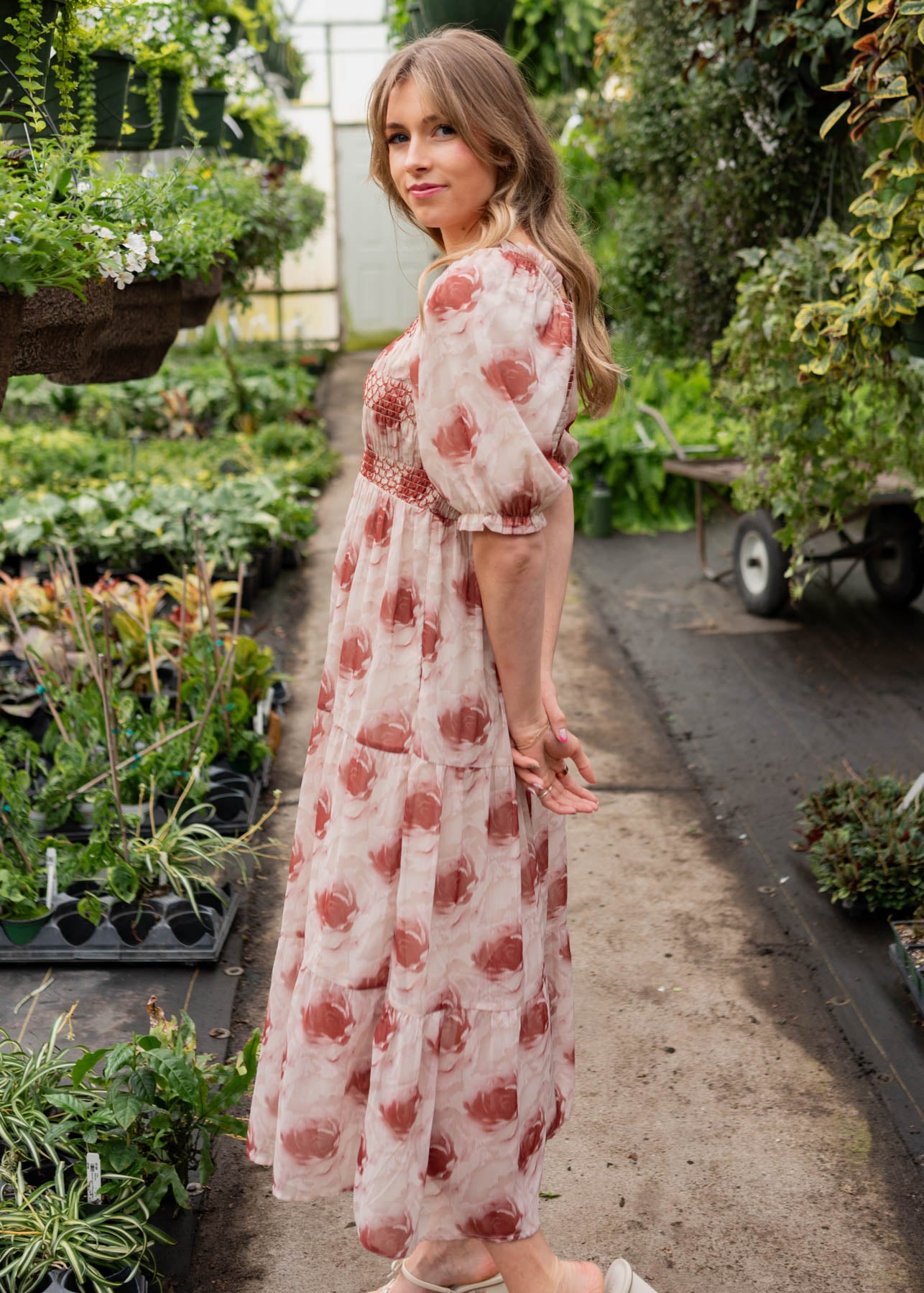 Side view of the flroal tiered dress
