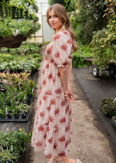 Side view of the flroal tiered dress