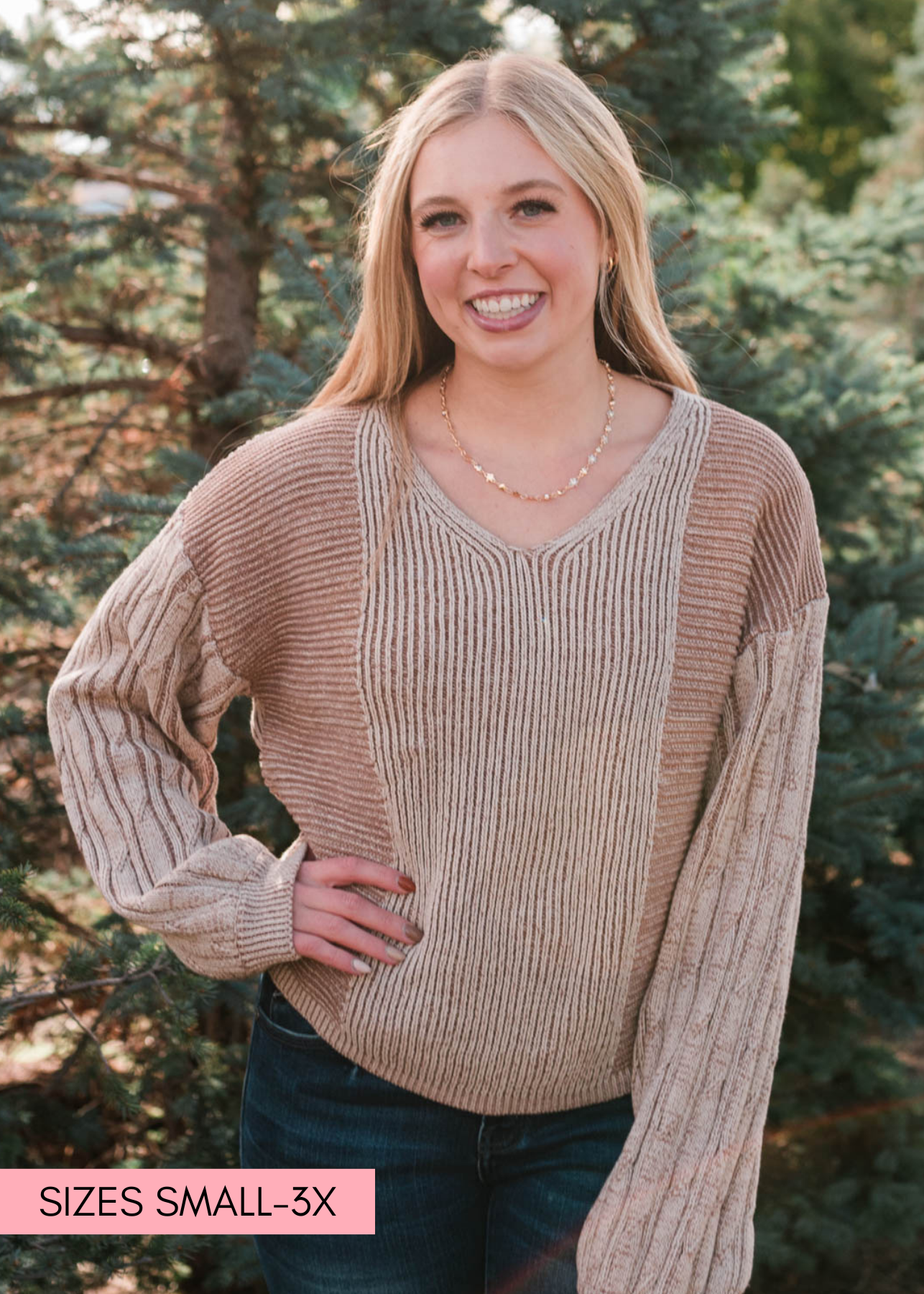 Long sleeve taupe sweater with a v-neck