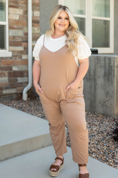 Plus size taupe jumpsuit with pockets