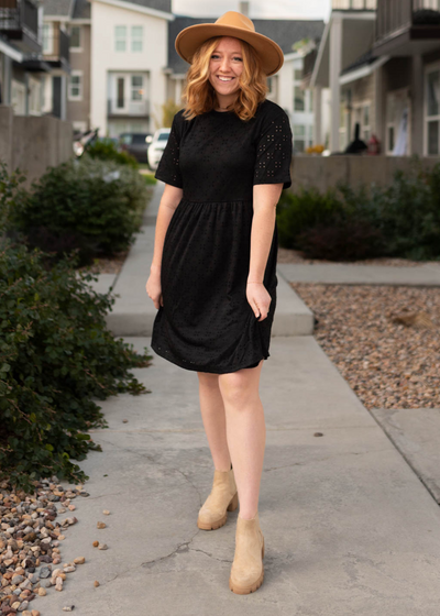 Knee length black eyelet dress
