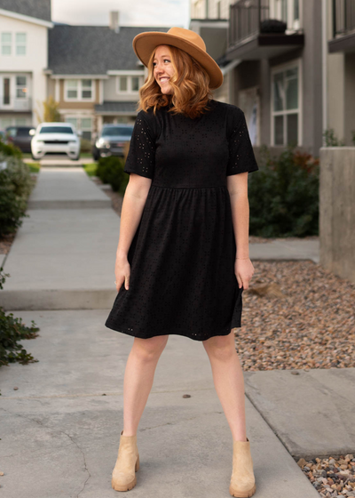 Short sleeve black eyelet dress