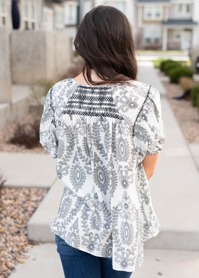 Back view of the black pattern top