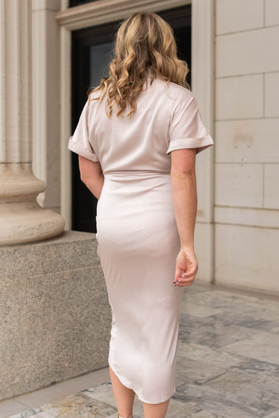 Back view of a champagne satin dress