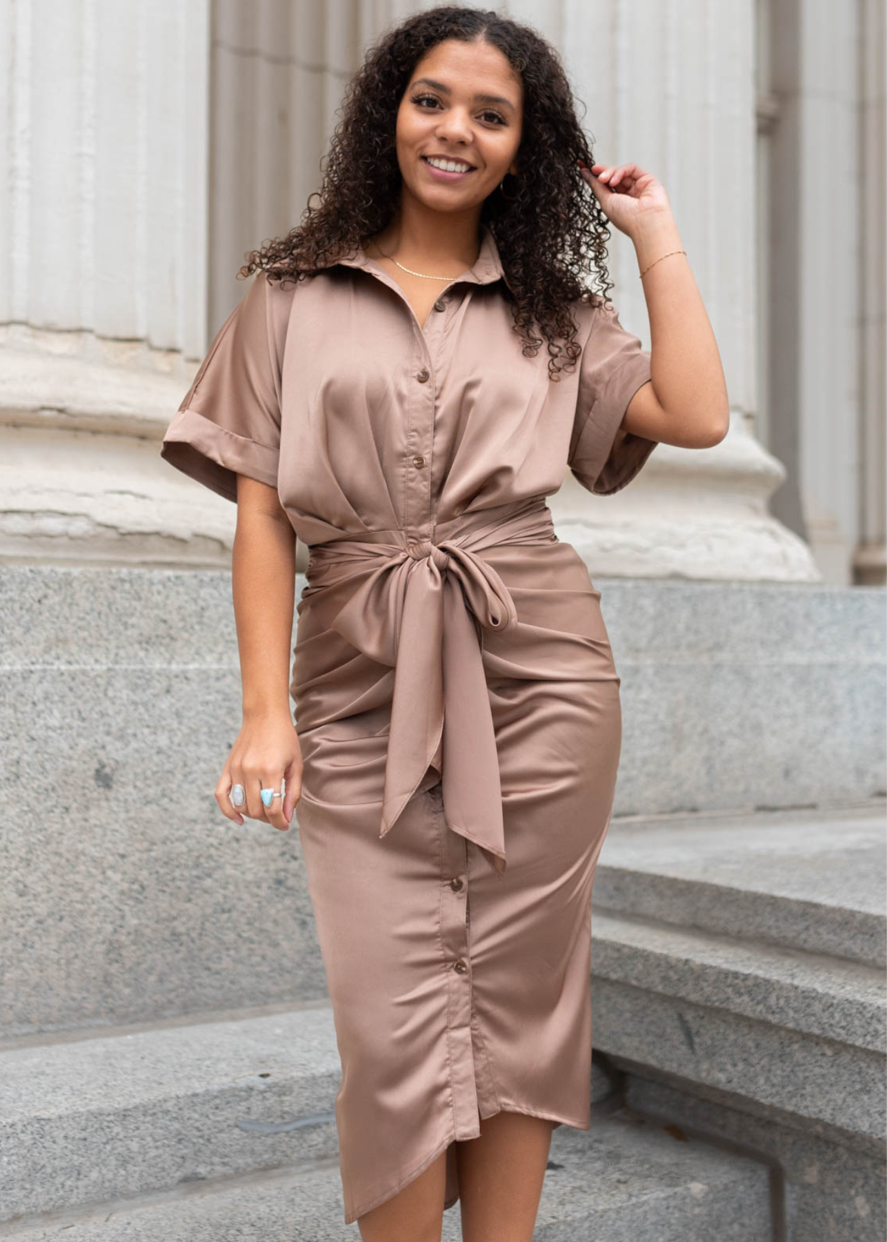 Button up mocha satin dress with short sleeves