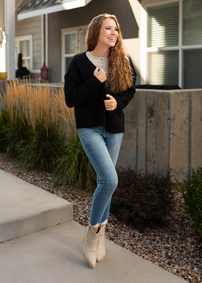 Long sleeve black open knit sweater