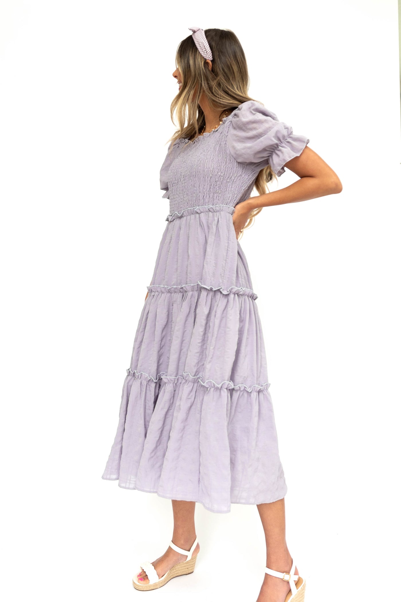 Short sleeve lavender dress with smocked bodice and tiered skirt